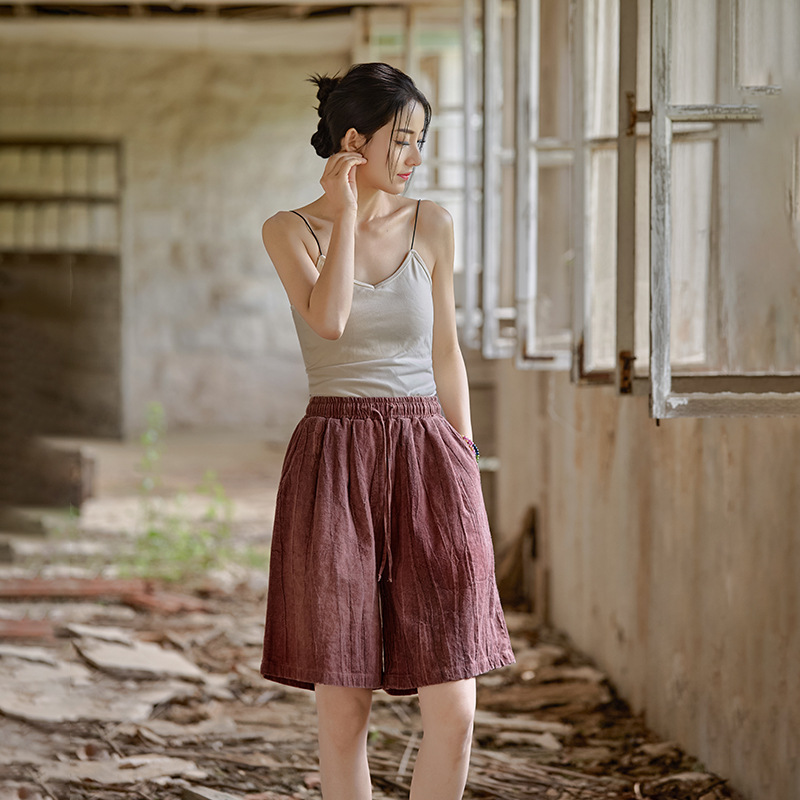 25夏季棉麻女装新款苎麻脏染短裤居家旅行文艺范女式百搭五分裤子