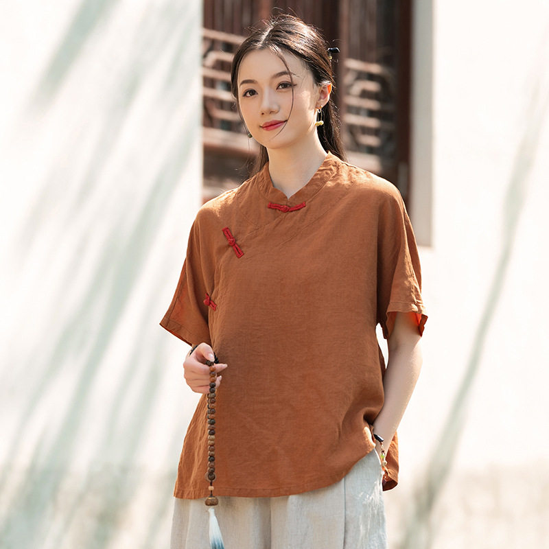 夏棉麻女装天丝苎麻斜襟盘扣T恤唐装宽松半袖复古中国风上衣衬衫