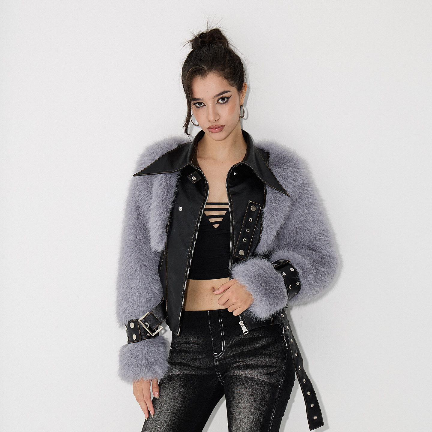 AE30 Saint 毛皮拼接慵懒感皮衣 重工鸡眼绑带夹棉外套