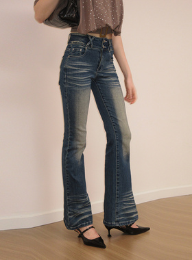 AE30 Saint 复古蓝色紧身牛仔裤 水系磨白双排扣修身微喇长裤