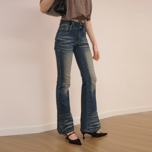 微喇长裤 AE30 水系磨白双排扣修身 复古蓝色紧身牛仔裤 Saint