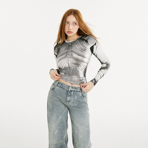 AE30 Saint 未来赛博姬AI铠甲印花 修身长袖打底上衣T恤