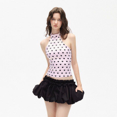 AE30 SAINT 粉色爱心波点背心 挂脖缎面修身彩色多巴胺上衣