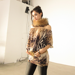 一字领缩褶垂感皮带连衣裙 复古豹纹动物纹全印短裙 AE30 Saint