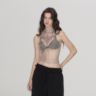 小高领超薄肤感网纱上衣 肤色印花透视背心 AE30 SAINT