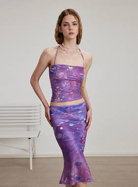 AE30 Saint 彩绘全印串珠挂脖背心 度假修身显瘦鱼尾半身裙套装