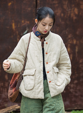 2025冬女装新款苎麻夹棉绗缝保暖棉服改良盘扣立领百搭女式短棉衣
