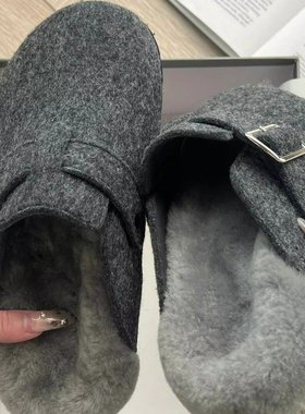 灰色厚底勃肯鞋女外穿毛毛拖鞋2025新款秋冬季雪地靴包头半拖棉拖