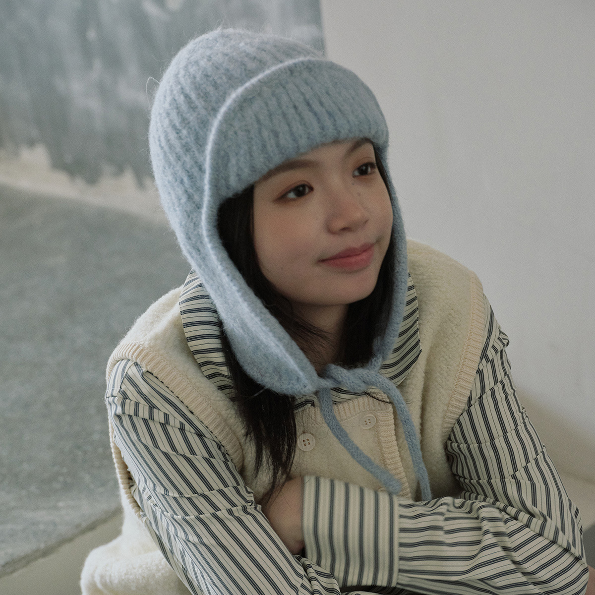 自制羊驼毛羊毛混纺纯色飞行员护耳针织帽女绑带柔软触感毛线帽子