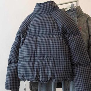 酷飒独特超好看街头风新款棉衣韩版短款格纹加厚棉服女款春季外套