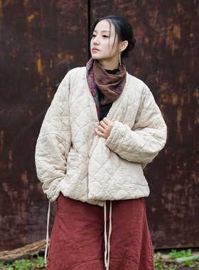 25冬棉麻女装新款夹棉绗缝保暖棉服文艺随性禅意风菱格女式短棉衣