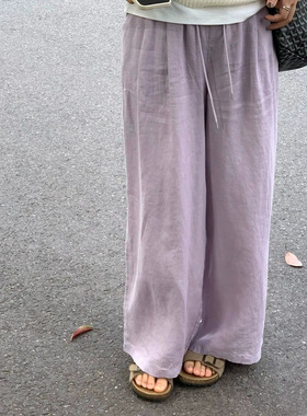 回忆森林感阔腿裤女2026新款紫色棉麻裤子胖mm显瘦大码薄款直筒裤