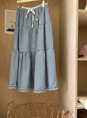 Echoshine 2025春夏季新款韩版甜美温柔风花边半身裙清新蓝色格子