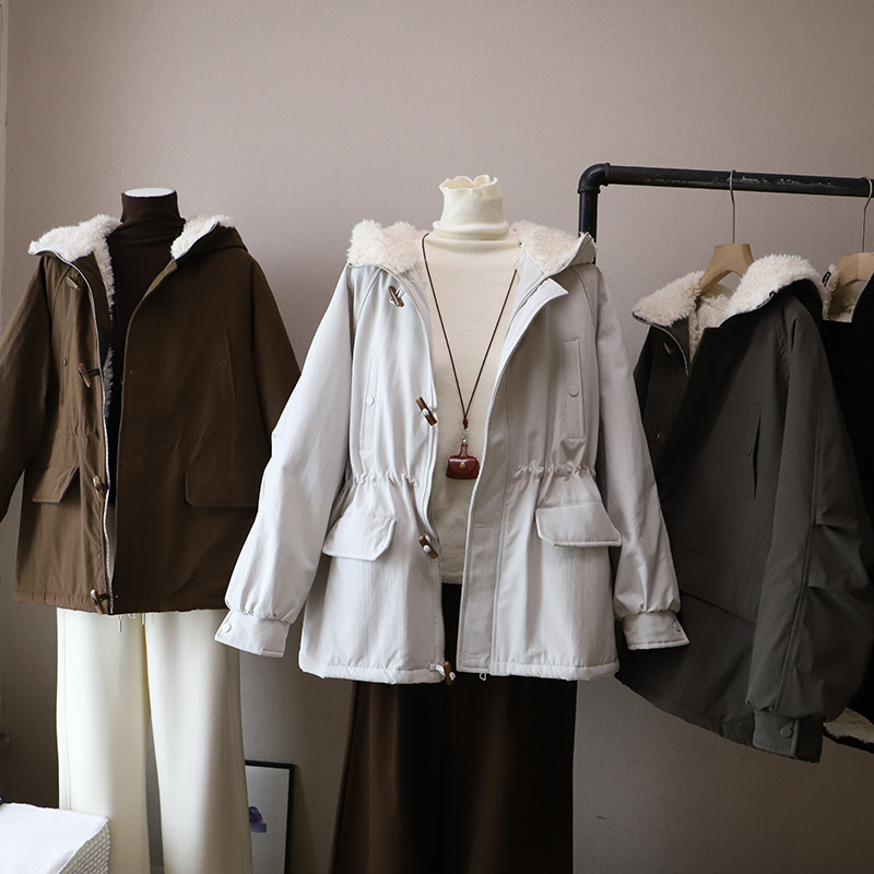 2025秋冬新款韩版时尚抽绳收腰显瘦连帽休闲棉衣外套女
