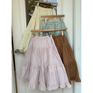高腰a字系带甜美荷叶边大摆蛋糕裙小个子长裙 粉色半身裙女夏季
