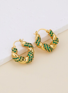GLNY绿色耳环女欧美风金色独特耳圈轻奢小众高级感耳饰复古风耳钉