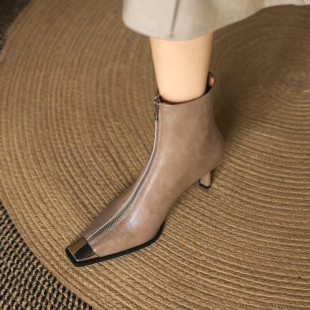 里外全皮法式 设计感真皮短靴女单靴金属包头前拉链细高跟3340码