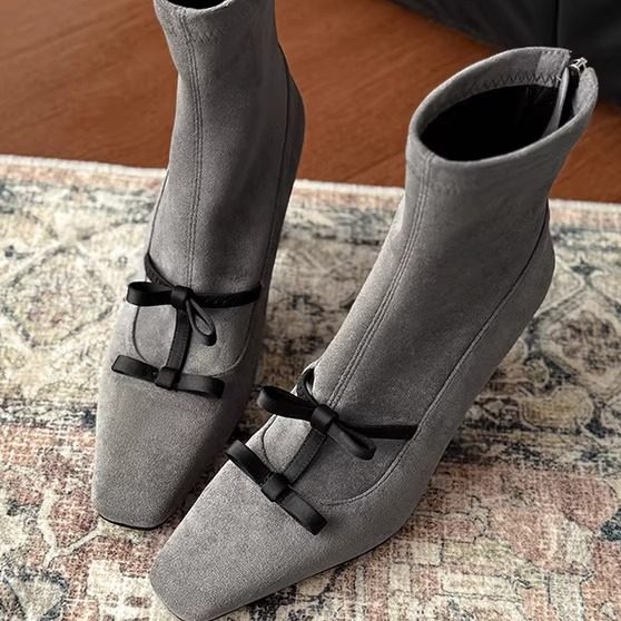 韩版~巨好看，时尚灰色短靴女单靴弹力靴蝴蝶结细高跟方头秋冬女,女鞋,弹力靴/袜靴,淘宝优惠券,粉丝福利购,淘宝优惠卷