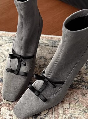 韩版~巨好看，时尚灰色短靴女单靴弹力靴蝴蝶结细高跟方头秋冬女