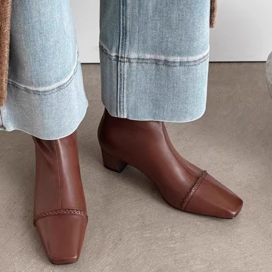新品~复古真皮牛皮短靴女单靴方头中跟粗跟舒适百搭后拉链时尚冬