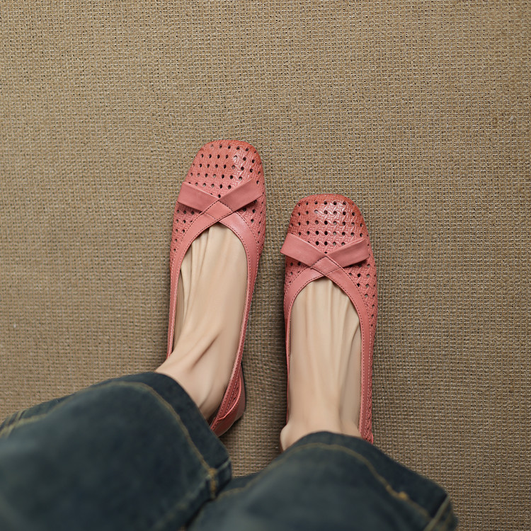 巨时尚~手工真皮方头粉色单鞋女低跟粗跟蝴蝶结镂空透气4041码