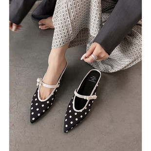 韩式波点包头拖鞋女坡跟一字带玛丽珍鞋增高百搭半拖鞋蝴蝶结夏天