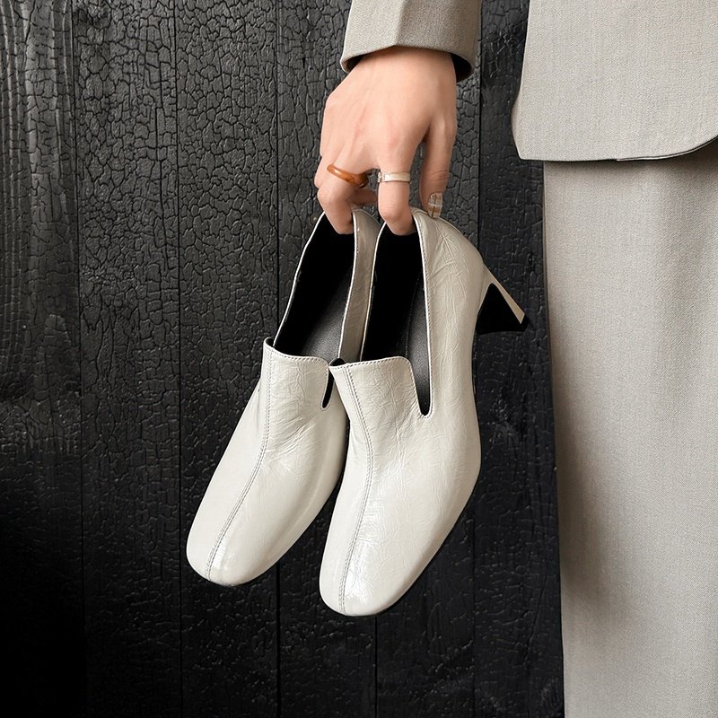 法式方头深口单鞋女粗跟头层牛皮一脚蹬乐福鞋百搭皮鞋高跟米白色,女鞋,深口单鞋,淘宝优惠券,粉丝福利购,淘宝优惠卷