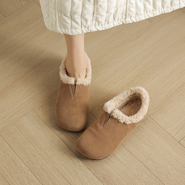 加绒勃肯鞋女2025冬季保暖毛毛深口单鞋舒适一脚蹬平底鞋圆头冬