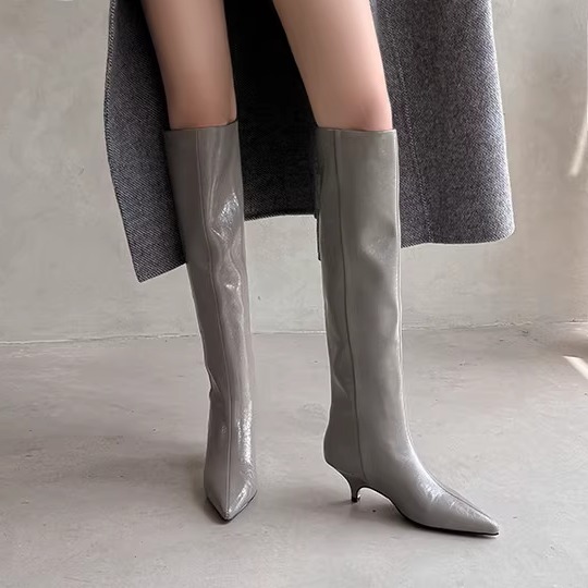 新品~时尚真皮长靴女不过膝高筒靴中跟细跟灰色洋气尖头百搭显瘦