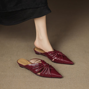 真皮尖头包头拖鞋女外穿粗跟低跟交叉带一脚蹬懒人穆勒鞋夏天气质