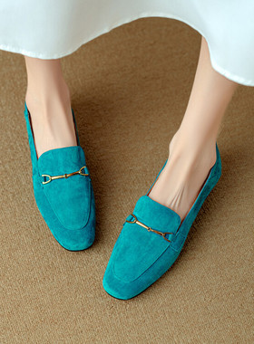 新品真皮羊皮单鞋女金属扣低跟平底乐福鞋百搭圆头时尚磨砂皮4041