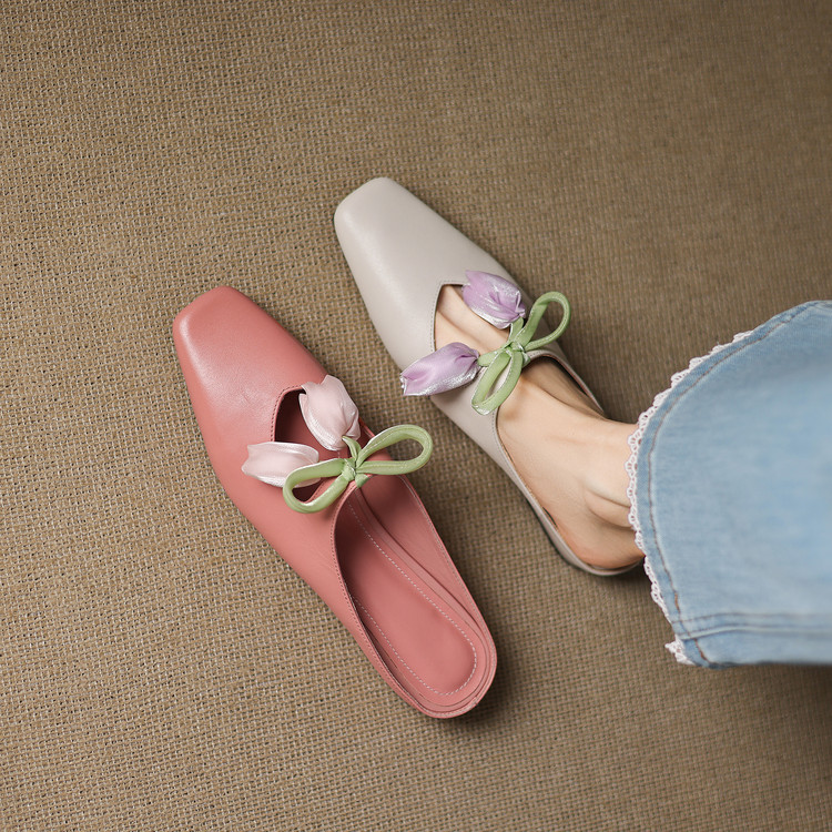 新品~手工制作真皮方头包头拖鞋女外穿夏天花朵蝴蝶结粉色4041码