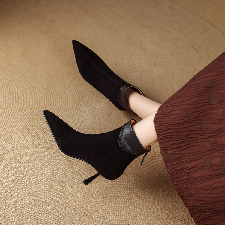 欧美个性真皮黑色尖头短靴女单靴细跟高跟鞋绒面百搭秋冬新品女