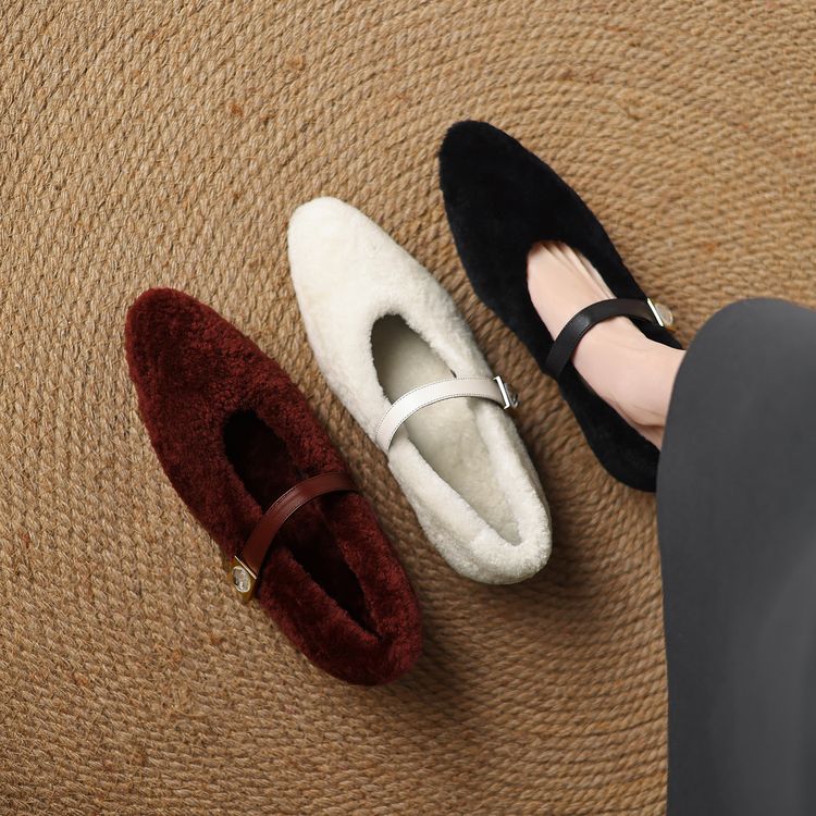 3厘米粗跟~羊毛单鞋加绒~手工订制厂家直销圆头低跟气质安哥拉红