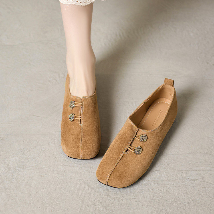 复古风羊反绒平底深口单鞋女真皮圆头一脚蹬百搭通勤鞋金属扣百搭,女鞋,深口单鞋,淘宝优惠券,粉丝福利购,淘宝优惠卷