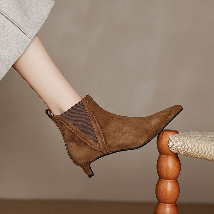 巨好看~气质真皮羊翻皮短靴女单靴手工订制低跟细跟尖头套筒百搭