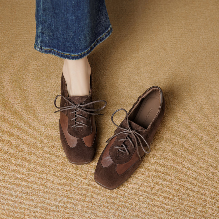 复古德训鞋女真皮系带拼色方头平底单鞋休闲鞋深口低跟舒适百搭