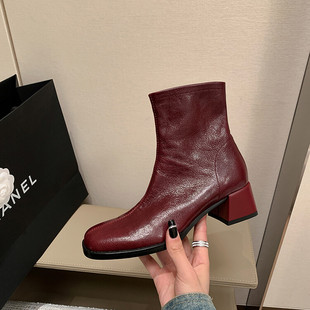 简约~百搭真皮羊皮小短靴女单靴方头中跟粗跟早秋鞋子酒红色时尚