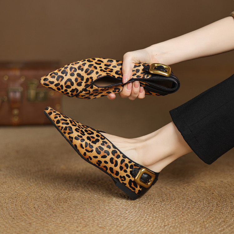 巨好看~洋气手工订制真皮编织带低跟平底尖头单鞋女豹纹时尚百搭