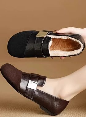 秋冬新品~真皮加绒单鞋女圆头金属扣低跟平底羊毛百搭舒适办公室