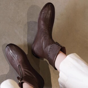 巨好看~手工真皮羊皮圆头短靴女单靴低跟平底前拉链百搭纯皮女靴