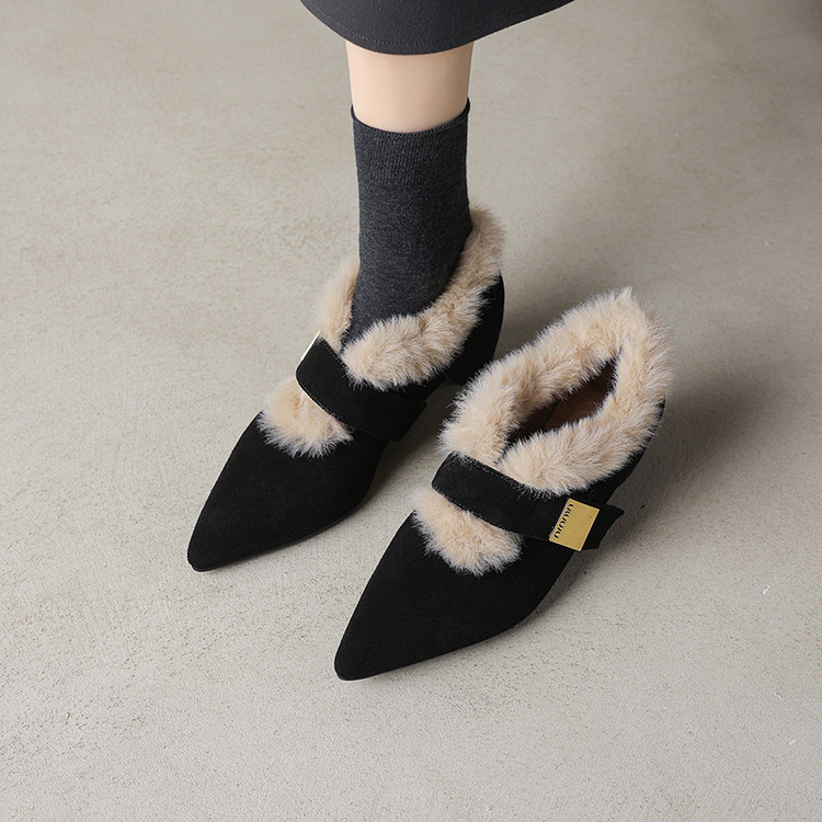 时尚毛毛鞋女尖头深口单鞋中跟粗跟加绒保暖百搭玛丽珍鞋一字带