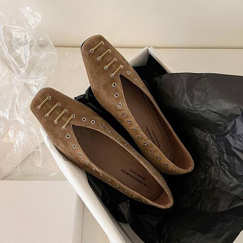 复古~巨好穿手工订制厂家直销真皮羊翻皮单鞋女浅口低跟平底方头