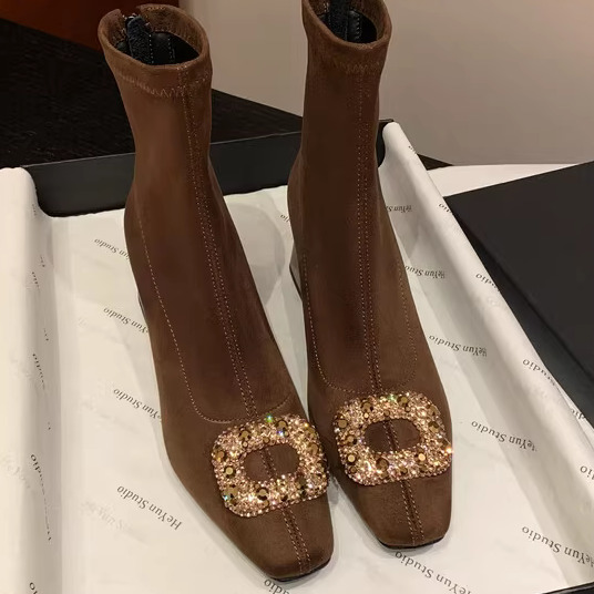 韩版新款气质水钻短靴女单靴方头粗高跟显瘦弹力靴百搭袜靴4041码