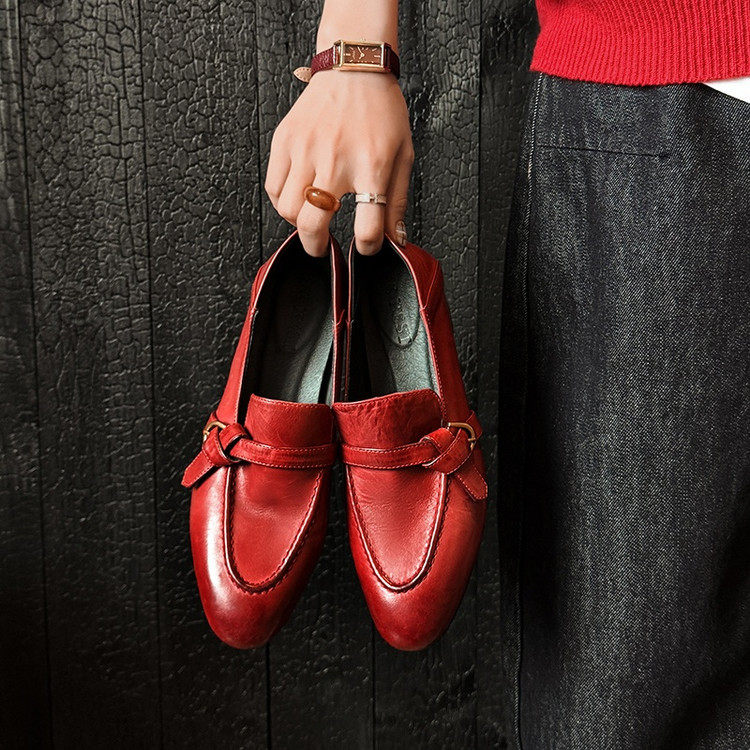 复古英伦风红色真皮乐福鞋女一脚蹬粗跟单鞋百搭通勤低跟春季2026,女鞋,深口单鞋,淘宝优惠券,粉丝福利购,淘宝优惠卷
