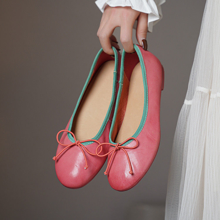 巨软~好看粉色真皮马皮单鞋女圆头低跟平底时尚粉色百搭新品女鞋,女鞋,浅口单鞋,淘宝优惠券,粉丝福利购,淘宝优惠卷