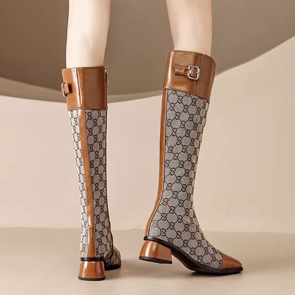 方头长靴粗跟高筒靴欧美拼色