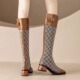 2025秋冬新款 真皮花布长靴女单靴方头拼色皮带扣中跟粗跟不过膝女