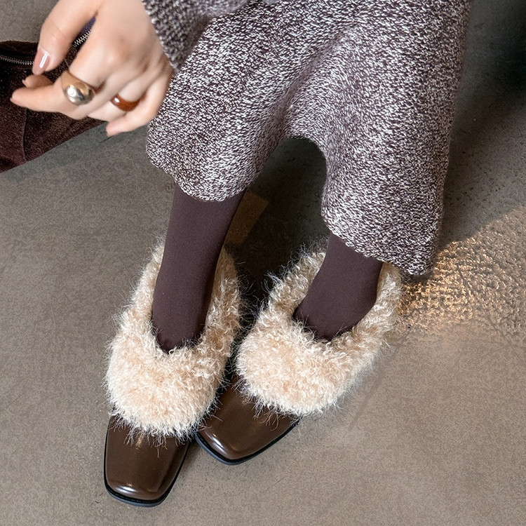 2025新款方头毛毛深口单鞋女粗跟真皮懒人鞋炸街小皮鞋秋冬洋气