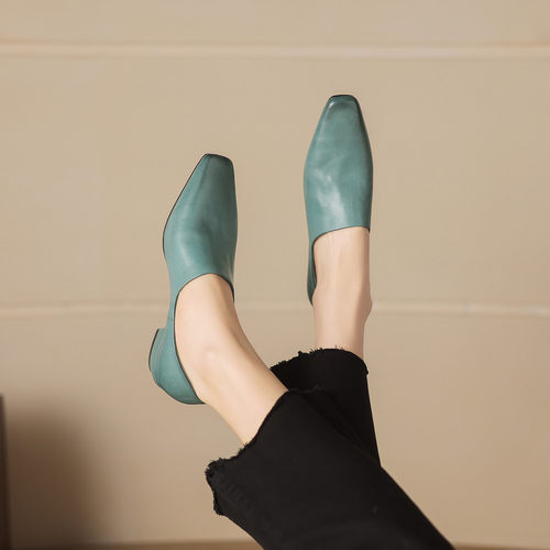 简约风真皮牛皮深口单鞋女一脚蹬奶奶鞋方头低跟粗跟小皮鞋气质